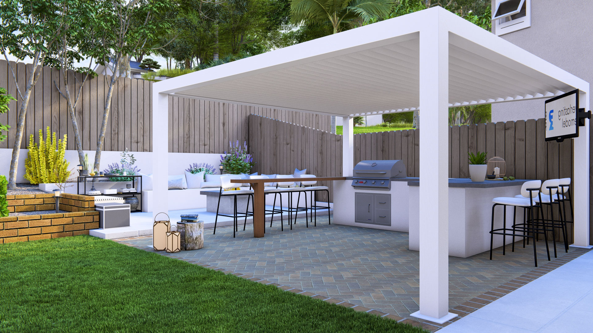 Modern Backyard Entertainment Space with Pergola & Outdoor Kitchen